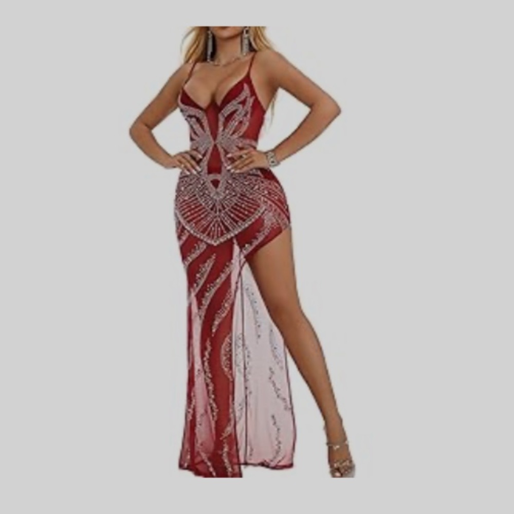 Elegant Burgundy Beaded Gown